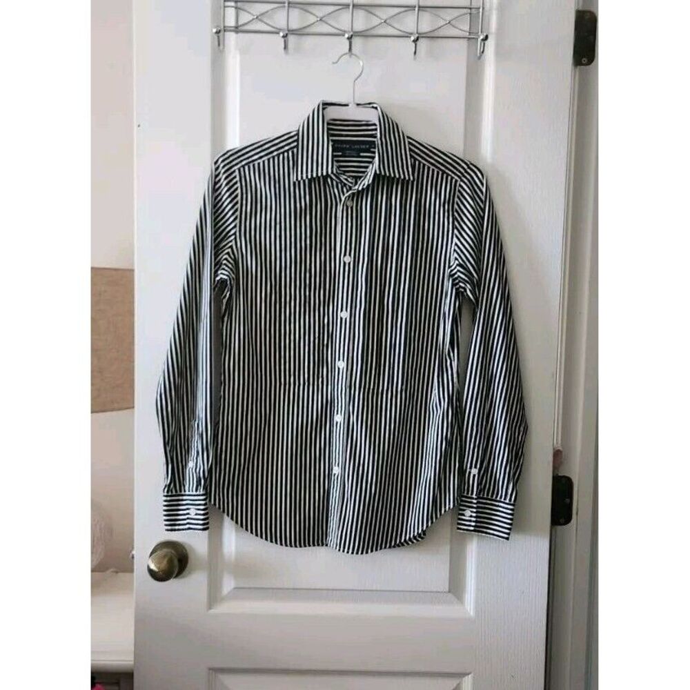 Ralph Lauren Womens striped Cotton Shirt Button Up Long‎ Sleeve Black white  8